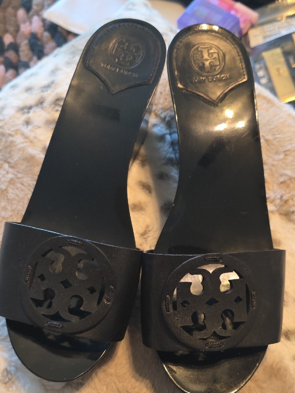 Tory Burch Black Patent Logo Wedge Slides - Picture 4 of 9